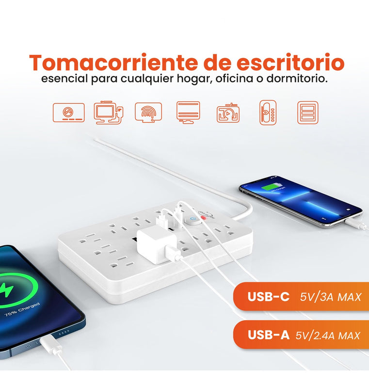 Multitoma Extension Proteccion De Picos 17 En 1 Usb / Usb C