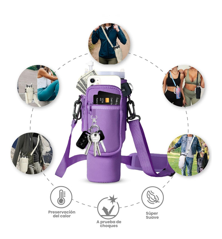 Termo Acero Inoxidable 40Oz Con Funda Bolso Porta Termo Correa Ajustable Compartimentos Lila