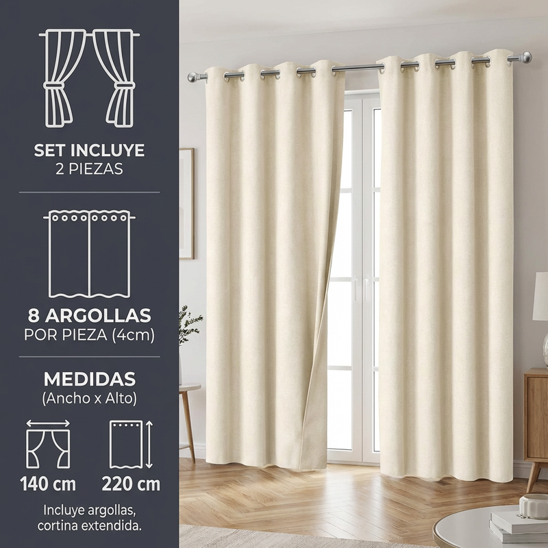 Cortina Blackout 100% Antiluz 2 Paños 280x220 cm Textura Lino Beige