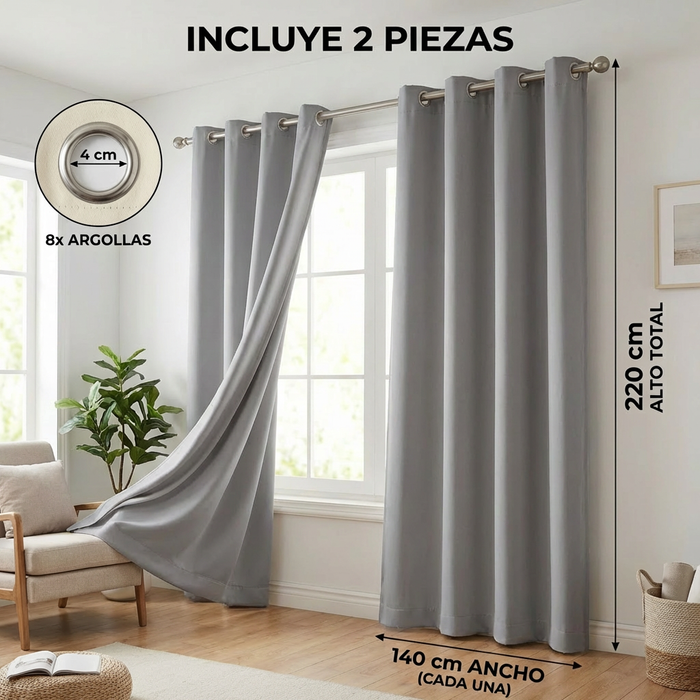 Cortina Blackout 280x220 cm Gris Textura Lino – 2 Paños – 100% Antiluz