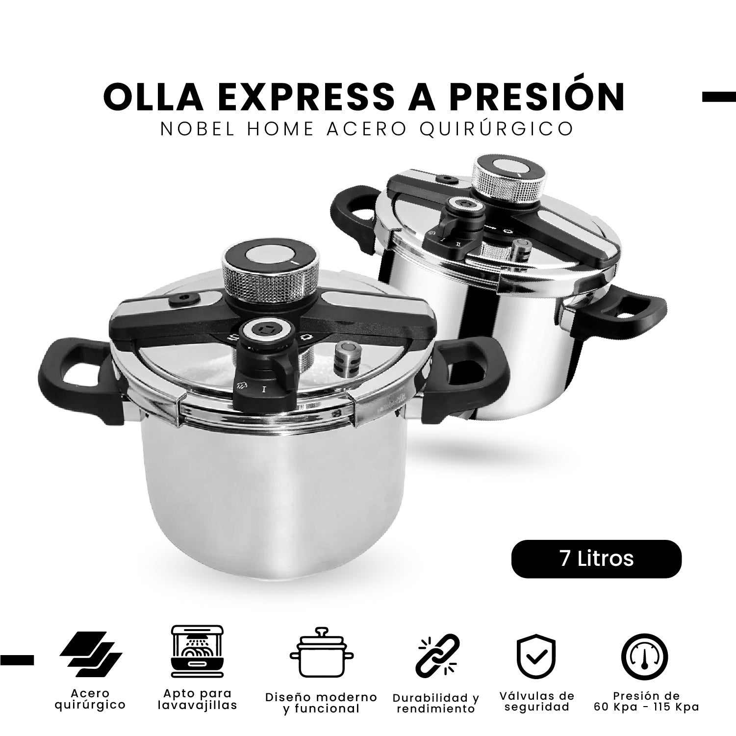 Olla A Presion 7 Litros Nobel Home Acero Quirurgico Alta Calidad Premium