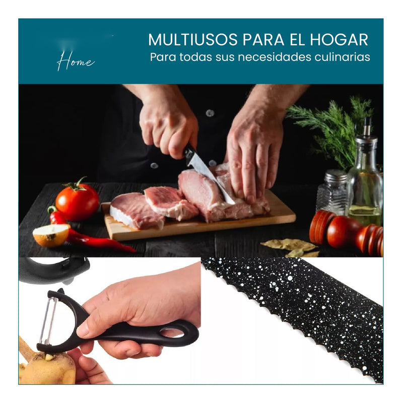 Set De Cuchillos 6 Piezas Kitchen Knife Negro Con Pelador De Papa