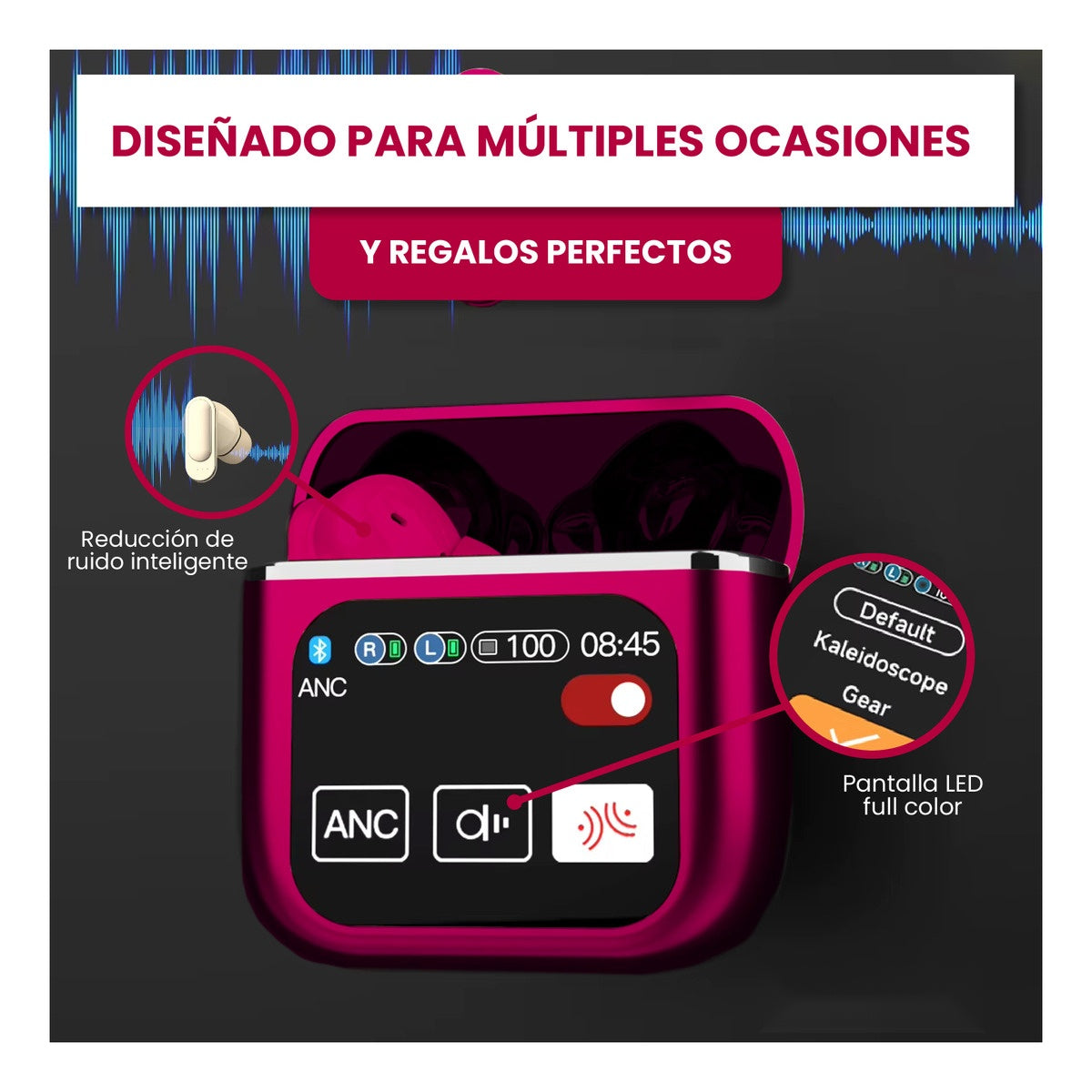 Audifonos Bluetooth Cancelacion Ruido Pantalla Tactil Rojo 5.2 Bluetooth