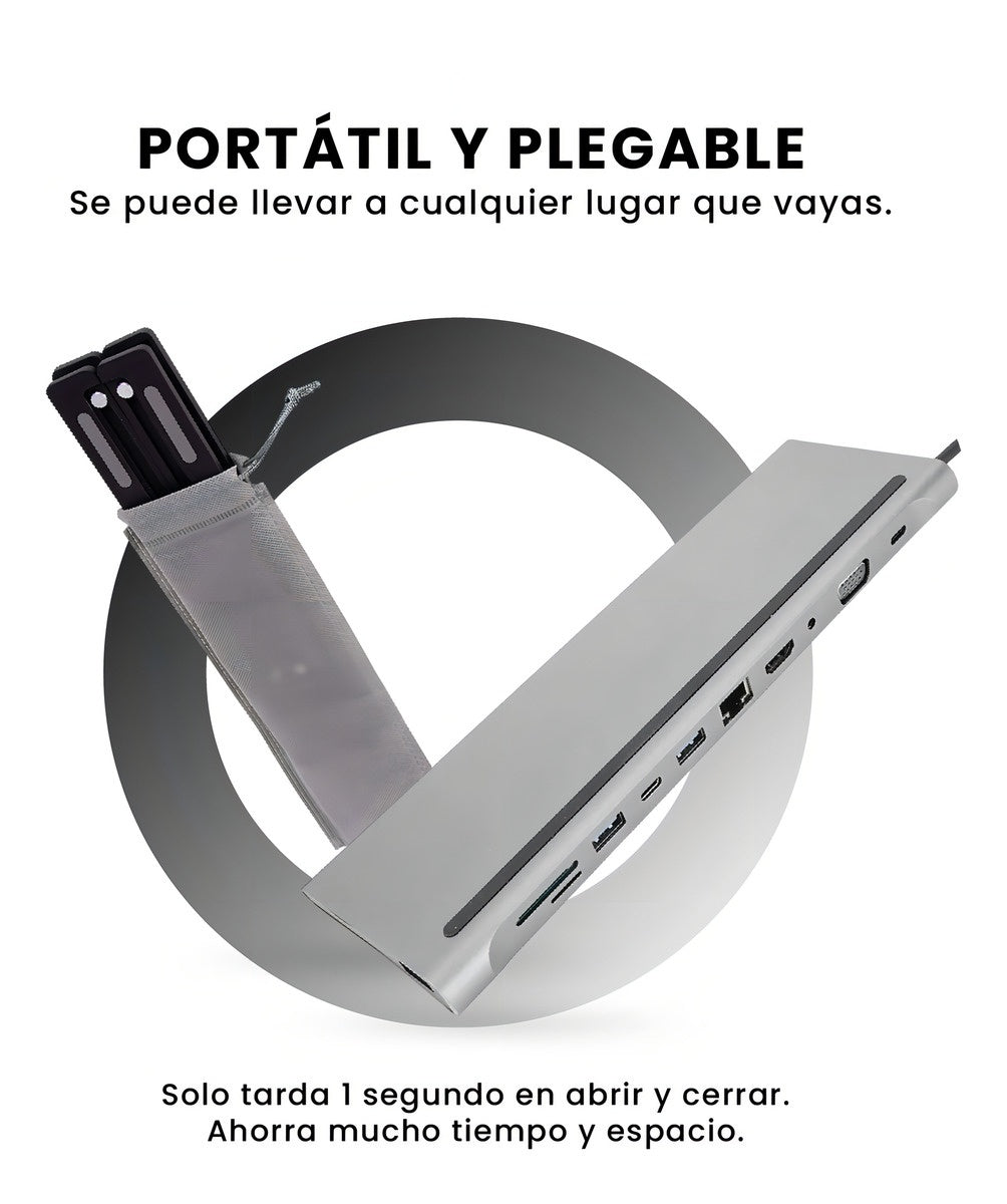 Multipuertos Hub 11 En 1 Innovo+ Con Soporte Plegable Para Laptop Portatil