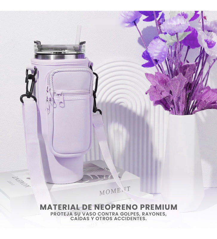 Termo Acero Inoxidable 40Oz Con Funda Bolso Porta Termo Correa Ajustable Compartimentos Lila