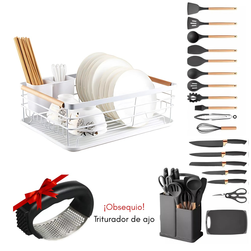 Combo Platero Escurridor Mangos Madera + Set Utensilios X19 Piezas En Silicona + Obsequio Triturador De Ajo