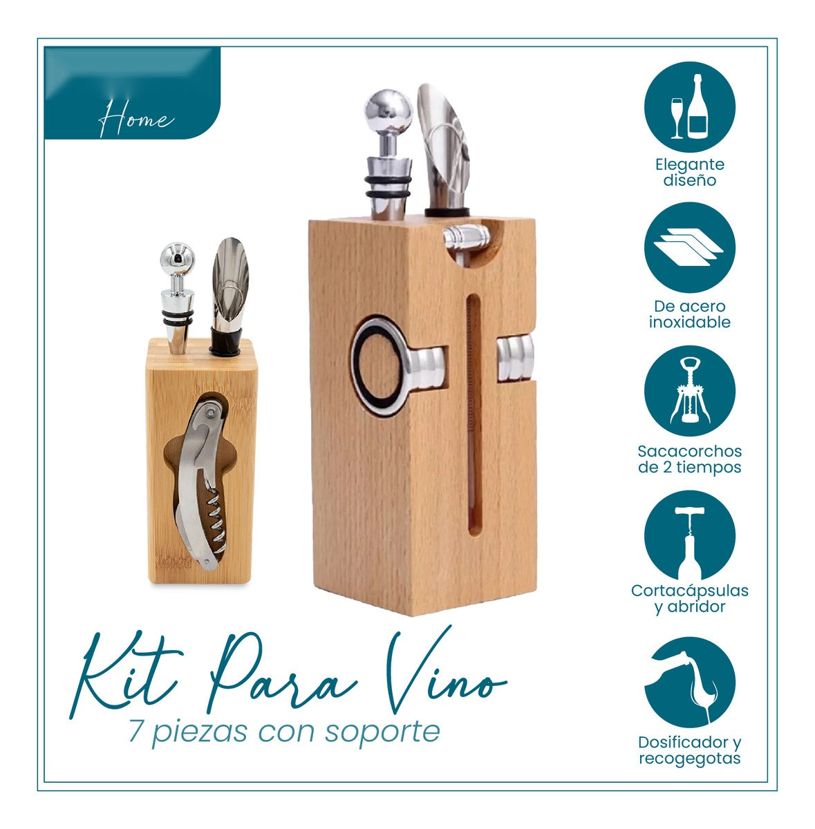 Kit Descorchador De Vino Sacacorchos 7 En 1 Metalico Madera Lujo Con Accesorios