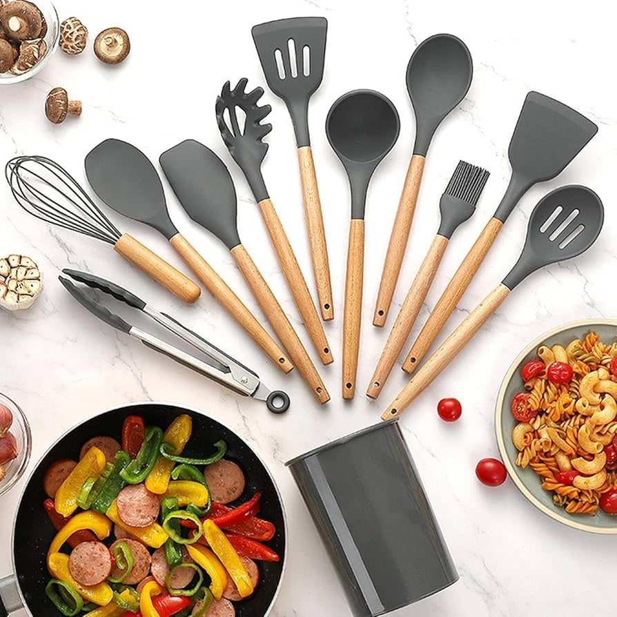 Combo Platero Escurridor Mangos Madera + Tabla Picar Descongela Carne + Set Utensilios X12