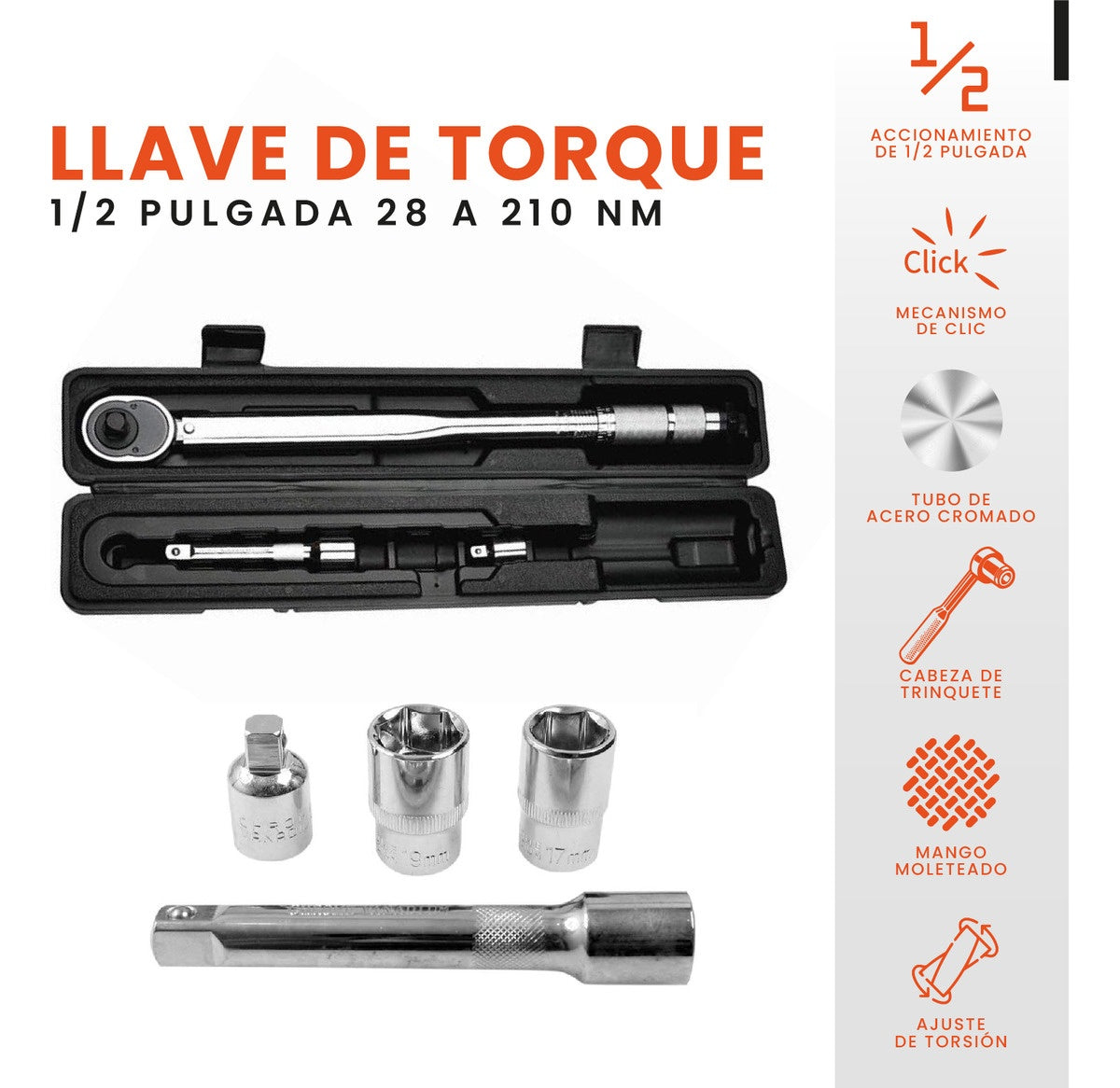 Llave De Torque Con Estuche Herramienta Profesional 1/2 Pulgada 28 A 210Mm