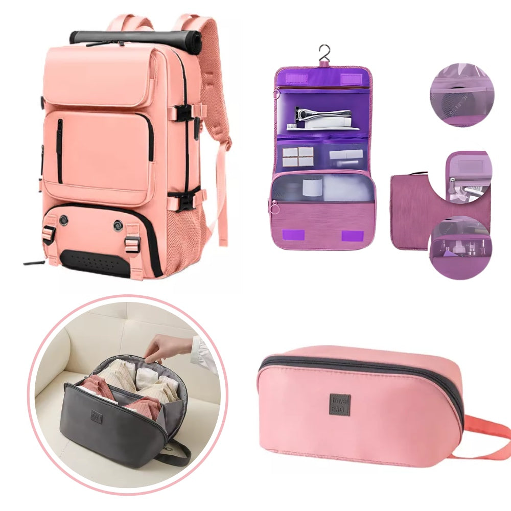 Combo Mochila Viajera + Organizador De Ropa Interior + Organizador Maquillaje Cosmetiquera Rosa