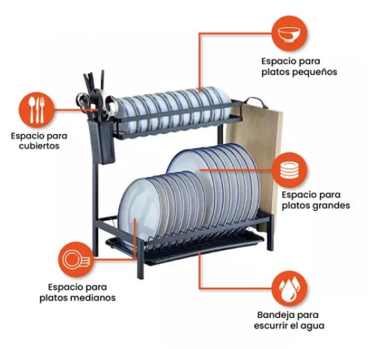 Combo Cook Home Escurridor De Platos 2 Niveles Tabla De Picar Set De Cuchillos X6 Y Set De Utensilios X12 Piezas