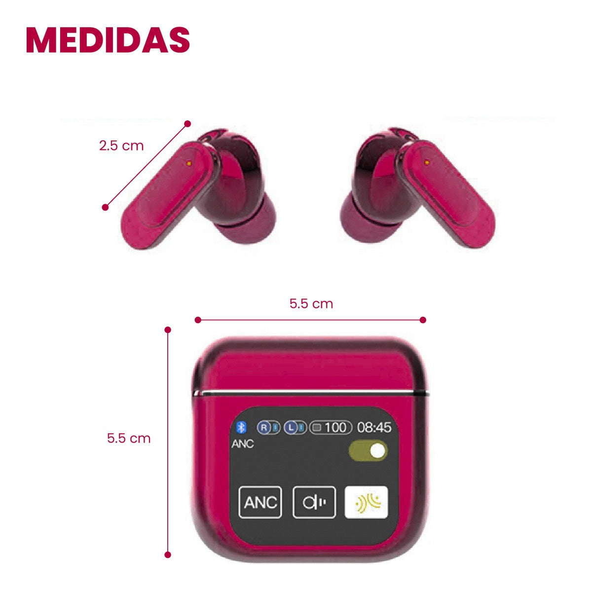 Audifonos Bluetooth Cancelacion Ruido Pantalla Tactil Rojo 5.2 Bluetooth