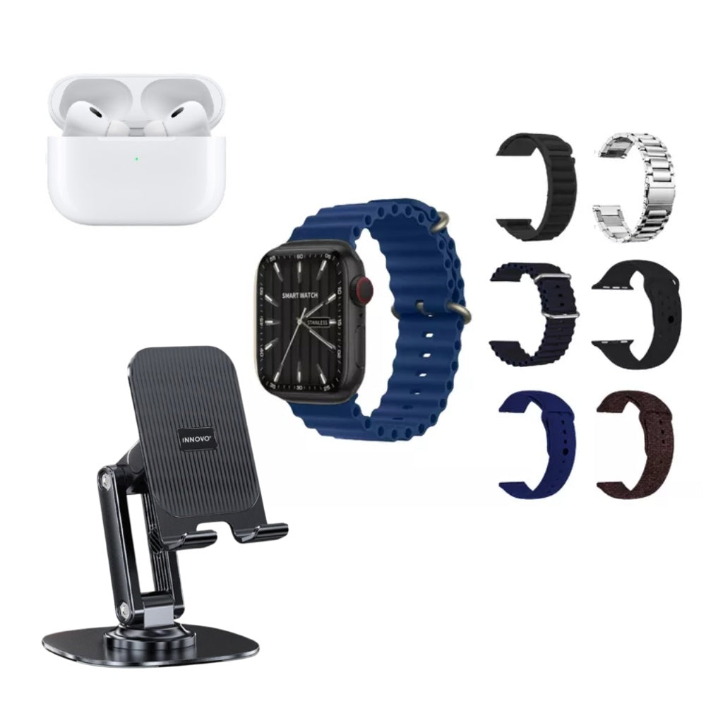 Combo Smartwatch Sport V11 Classic Suit 7 Pulsos Negro Con Audifonos Y Soporte Giratorio Celular