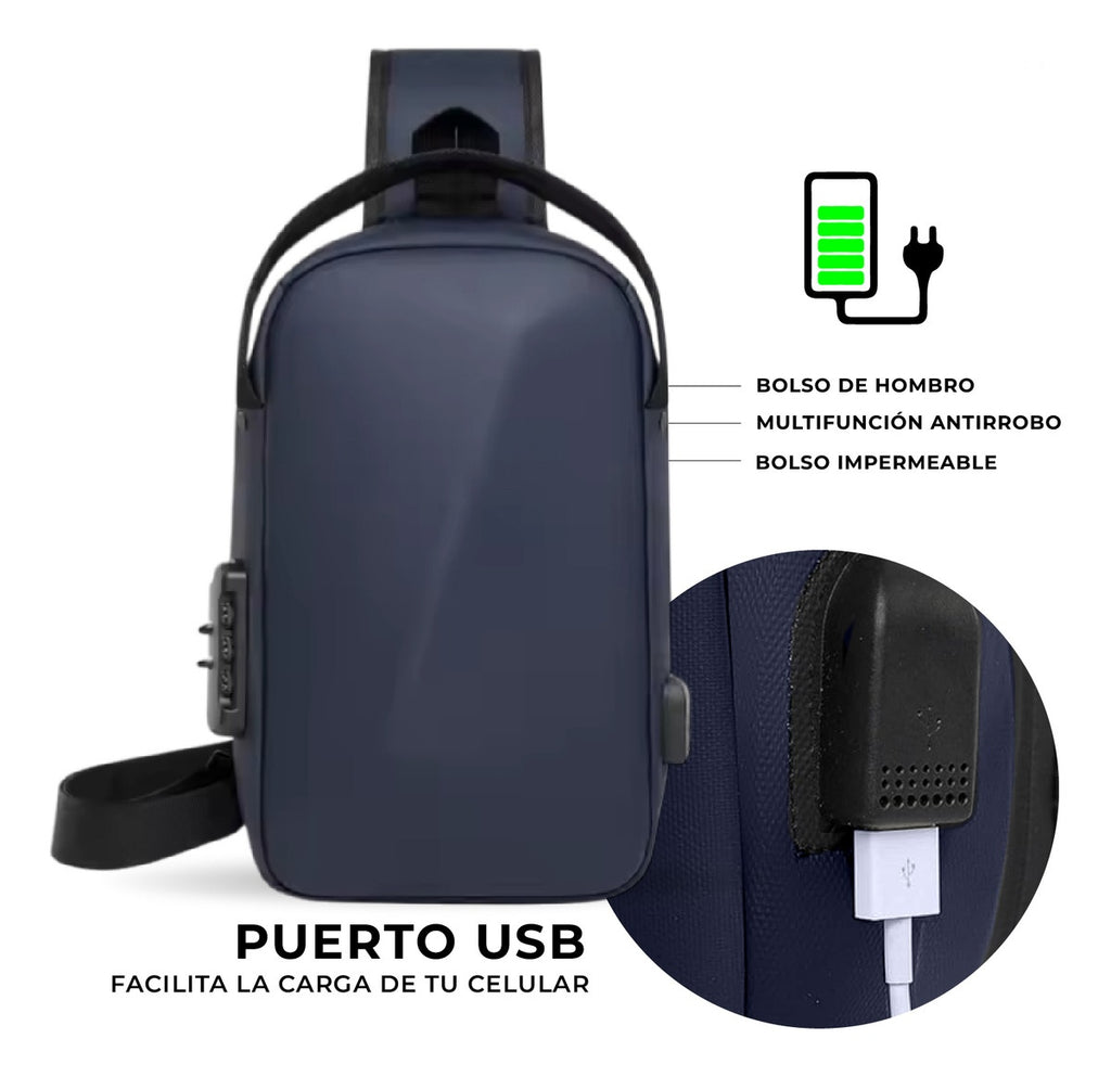 Morral Bolso Antirrobo Impermeable Con Puerto Usb Y Candado De Seguridad Azul