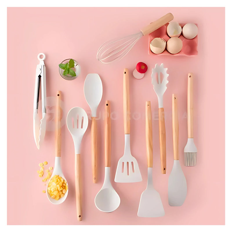 Combo Platero Escurridor Mangos Madera + Set Utensilios X19 Piezas En Silicona + Obsequio Triturador De Ajo