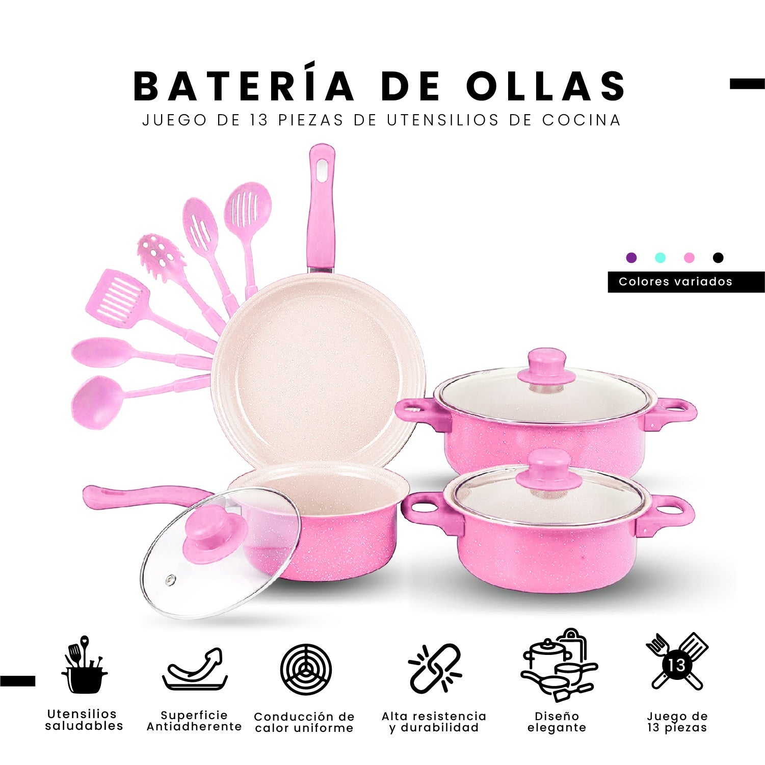 Juego De Ollas Con Tapa Vidrio Esmaltada Con Utensilios 13 Piezas Rosado