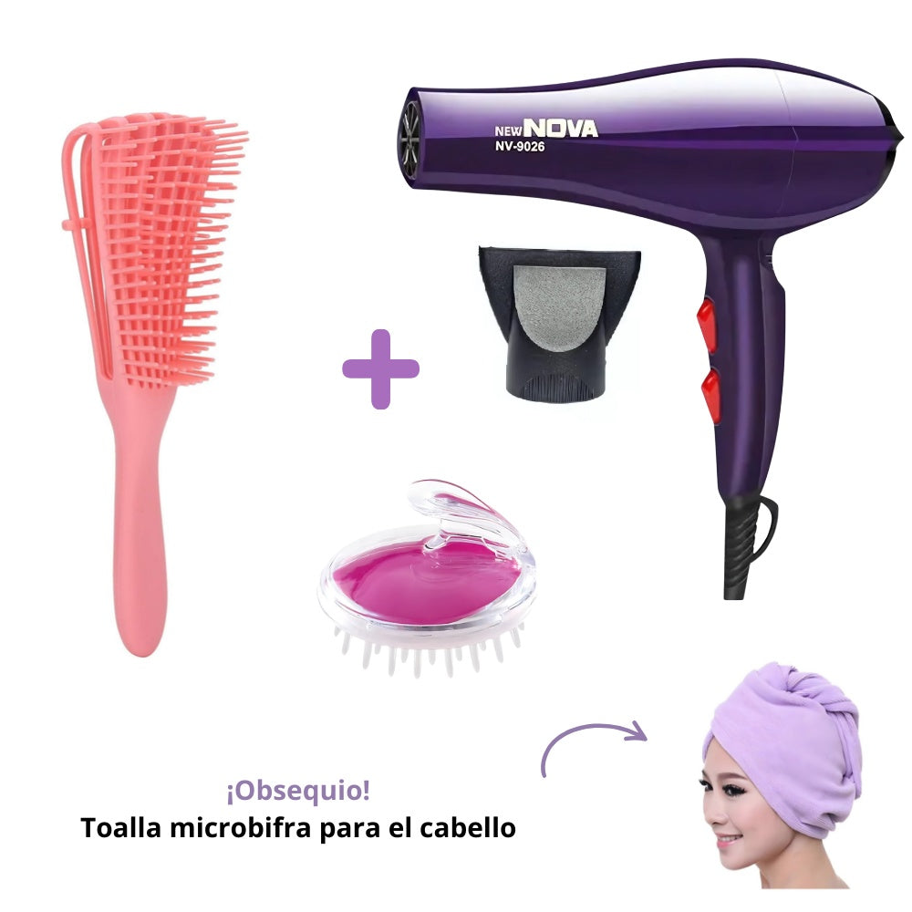 Combo Secador Bopai 5500 + Cepillo Rizador Crespos + Cepillo Masajeador + Obsequio Toalla Microfibra