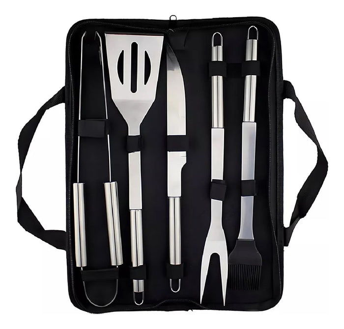Set Kit Basico De Asado Bbq En Acero Inoxidable Con Estuche X6 Piezas