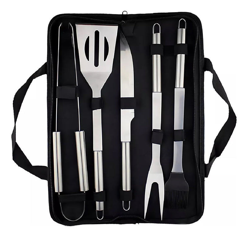 Set Kit Basico De Asado Bbq En Acero Inoxidable Con Estuche X6 Piezas