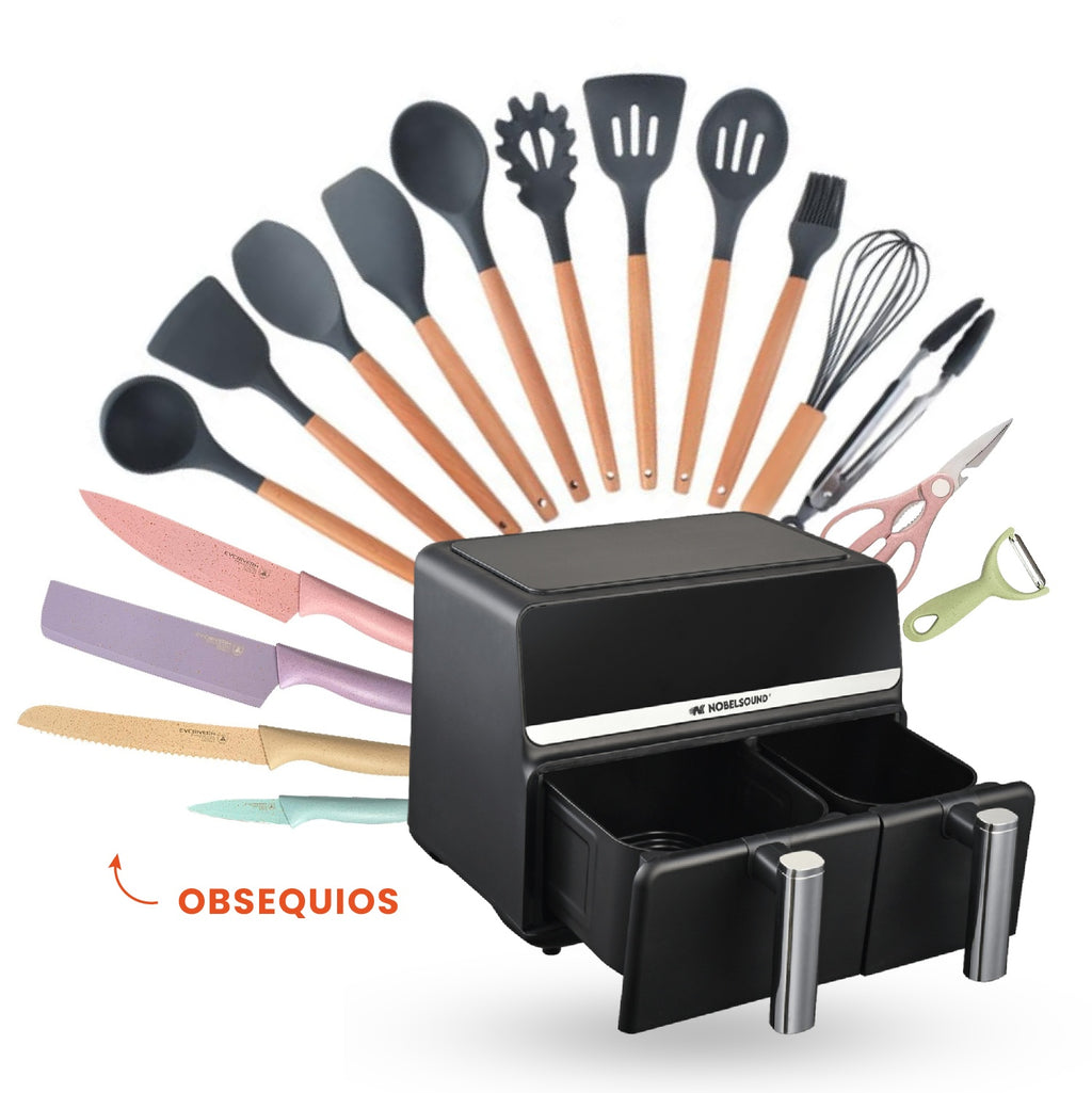 Freidora De Aire Nobelsound Air Fryer Doble Bandeja Con Utensilios Cuchillos Incluidos