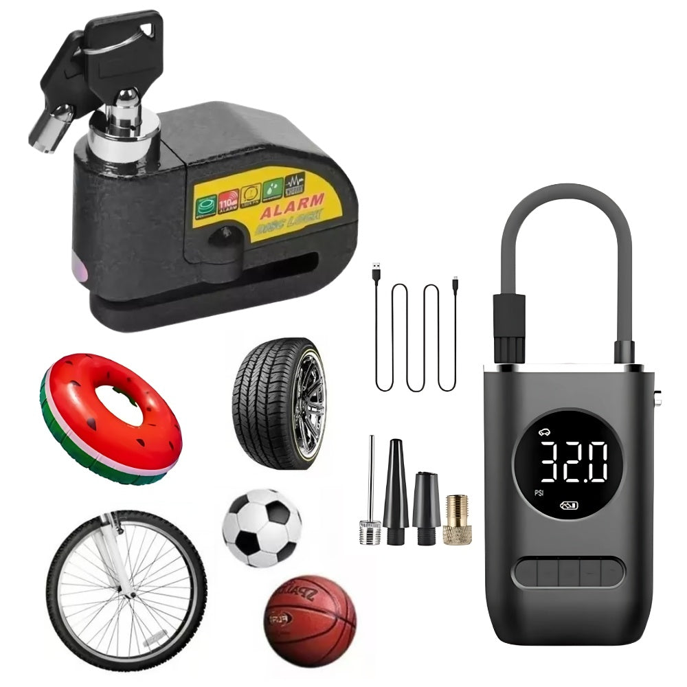 Combo Candado De Disco + Compresor De Aire Portatil Para Neumaticos Inalambrico