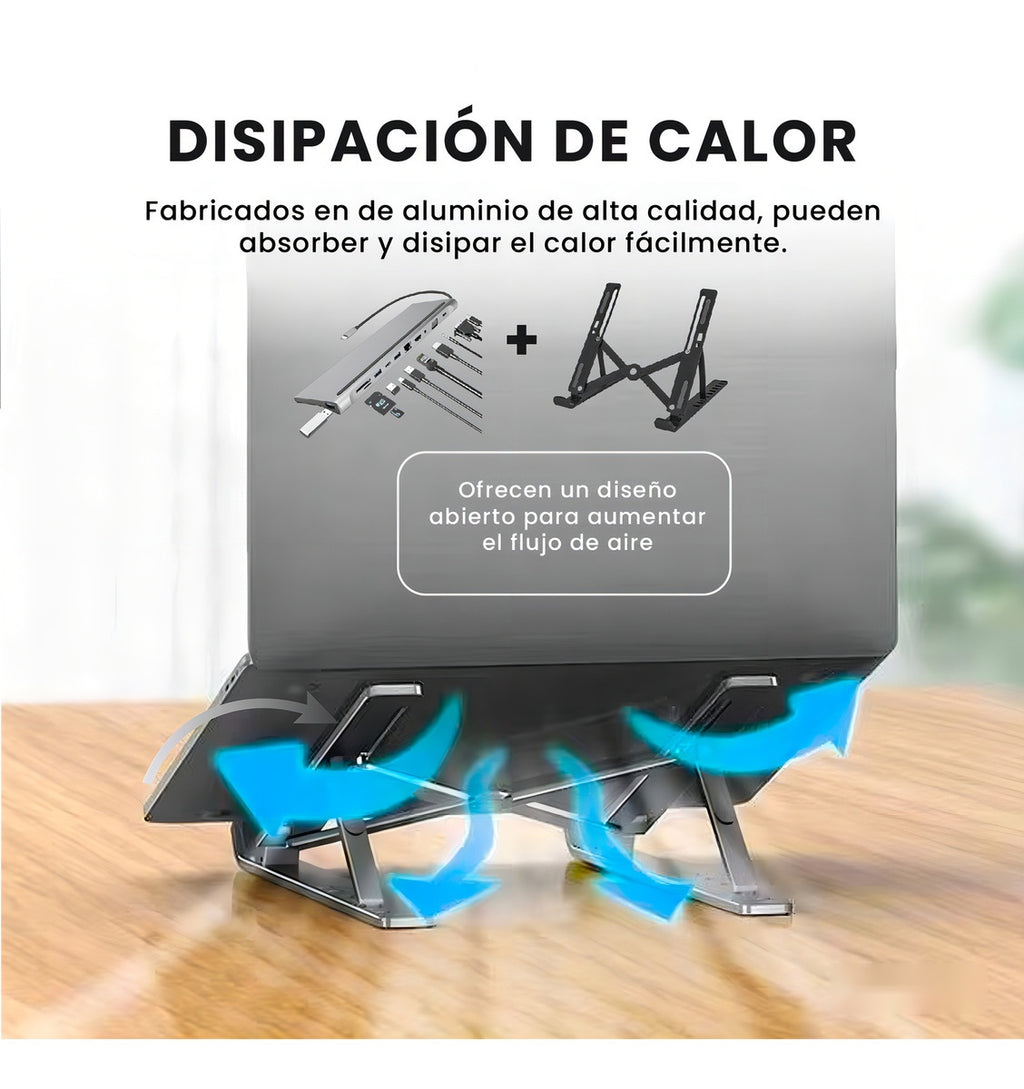 Multipuertos Hub 11 En 1 Innovo+ Con Soporte Plegable Para Laptop Portatil