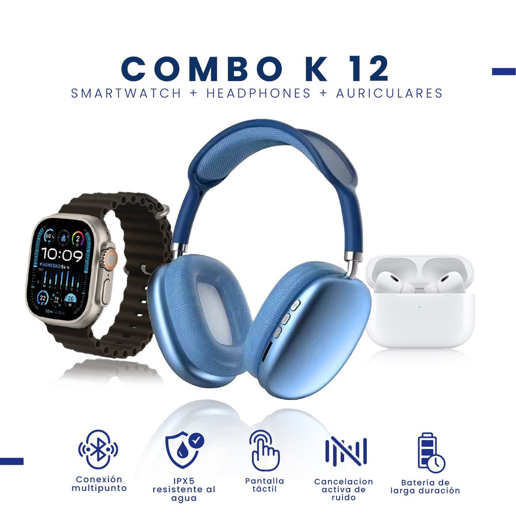 Smart Watch Premium Plus K12 Azul Con Audifonos 7 Pulsos