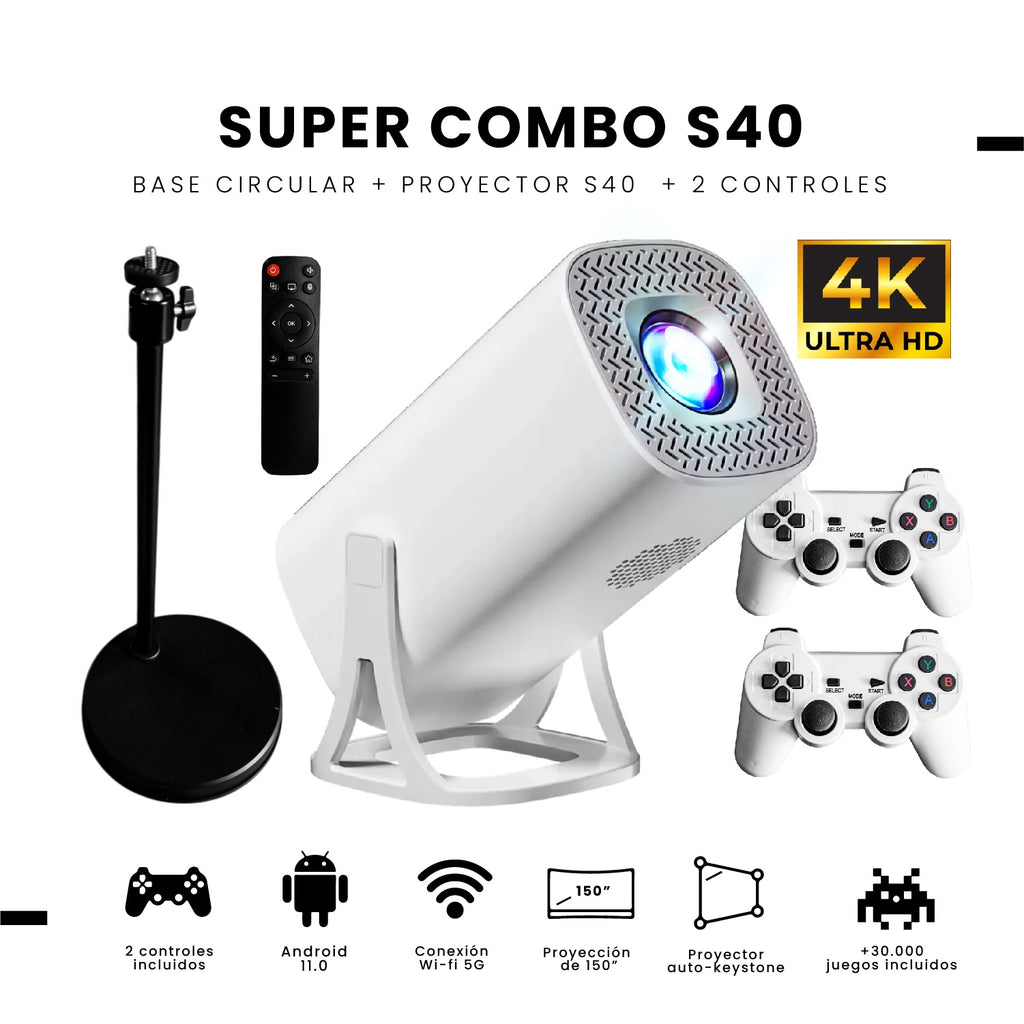 Proyector Smart S40 Max 4K Android 11 Wifi 5G + 2 Controles + Base Metalica +30.000 Juegos Y Apps