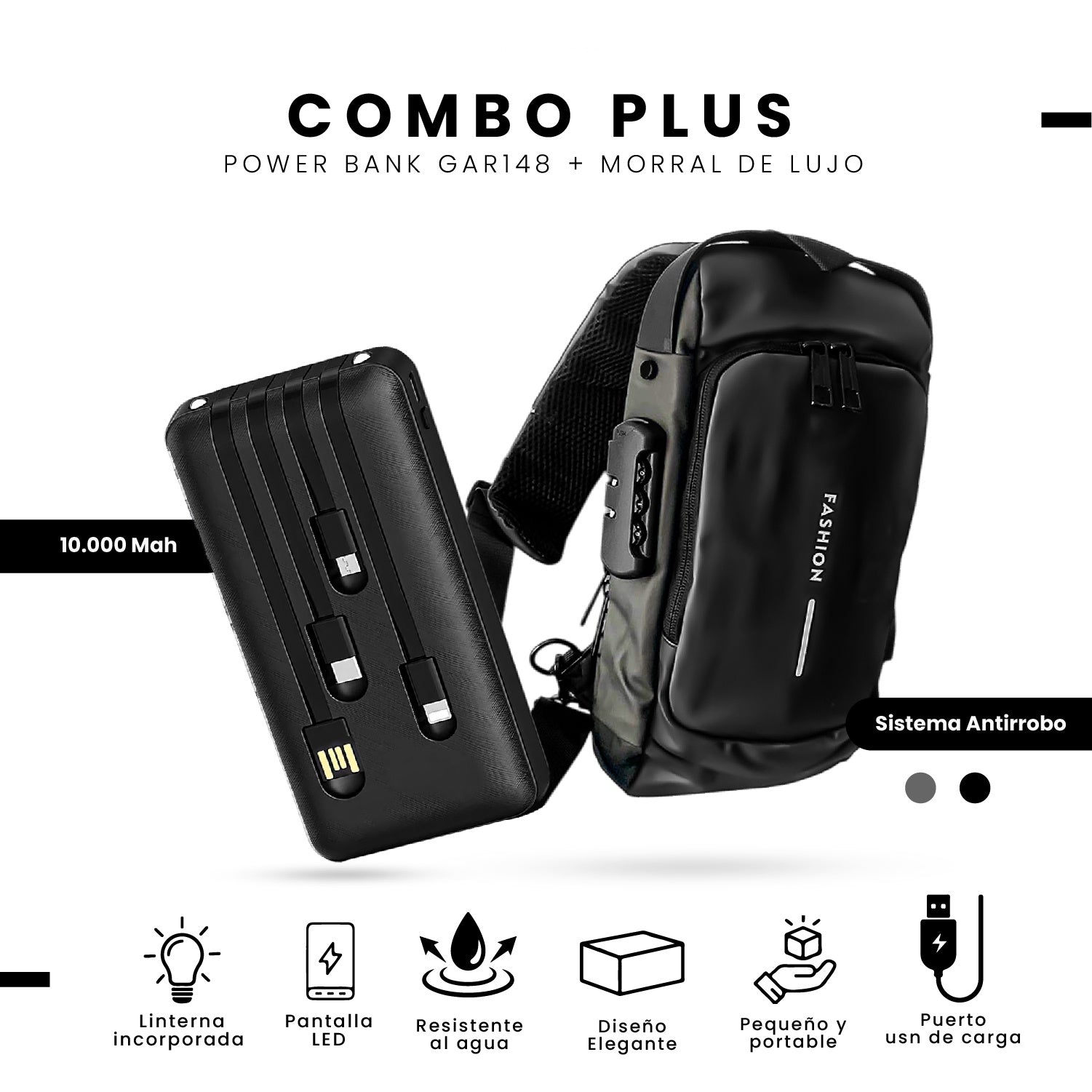 Bolso Manos Libres Antirrobo Con Clave Hombre Color Negro Con Power Bank 10.000