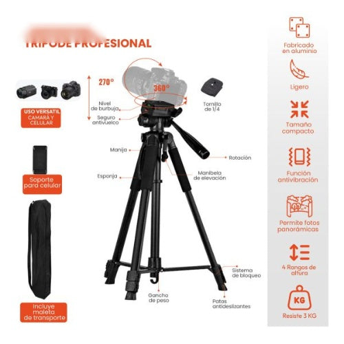 Tripode Profesional Grande 170Cm Con Estuche Trepod F-580