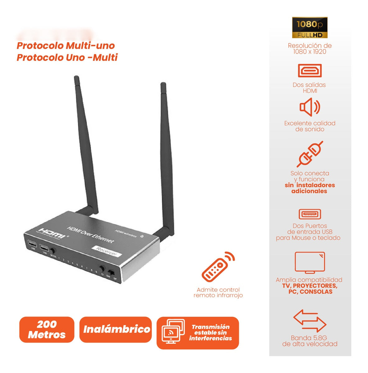 Transmisor Hdmi Inalambrico Receptor Emisor 200 Metros 1 A 4