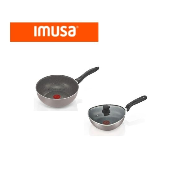 Set Wok Y Sarten Antiadherente Imusa Con Tapa De Vidrio 2 Piezas
