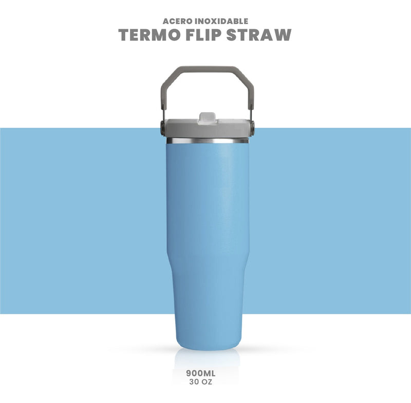 Termo Acero Inoxidable 900Ml Flip Straw Antiderrames Frio Calor Azul