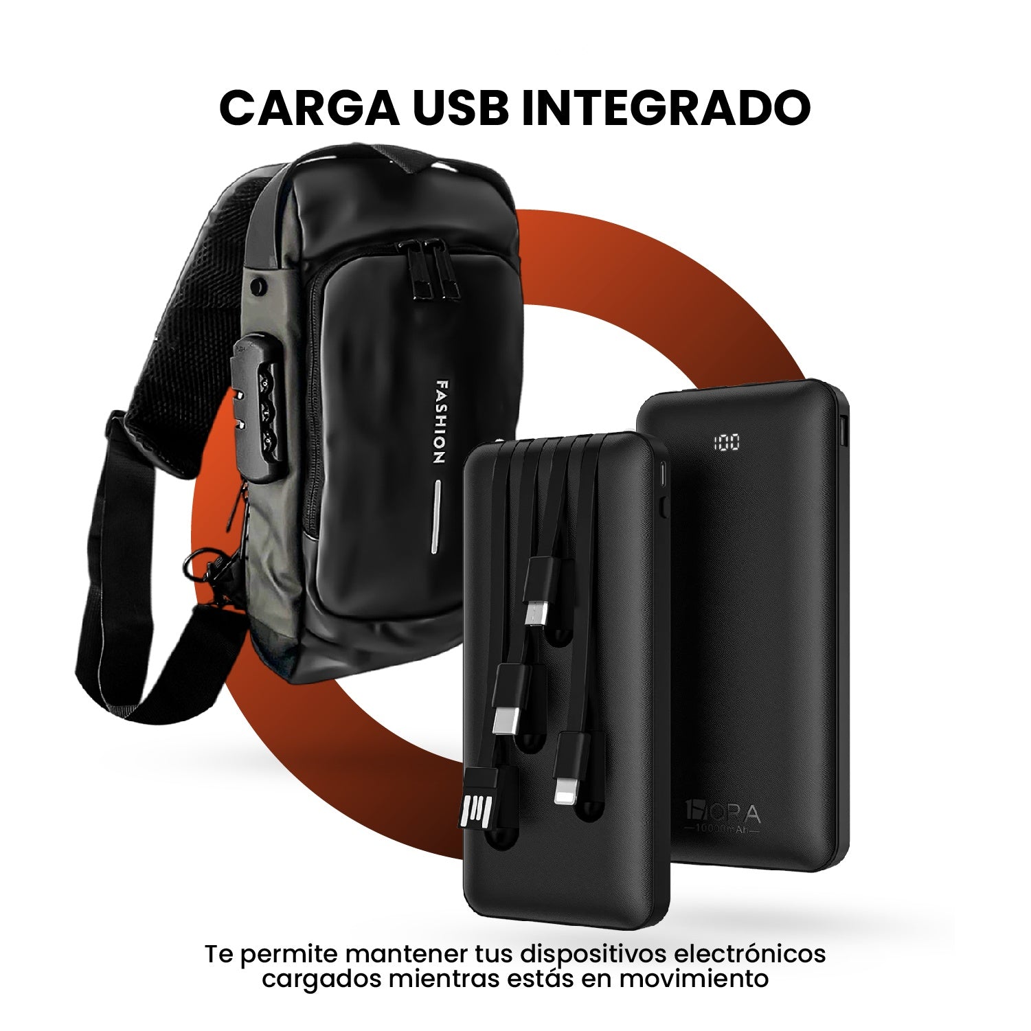 Bolso Manos Libres Antirrobo Con Clave Hombre Color Negro Con Power Bank 10.000