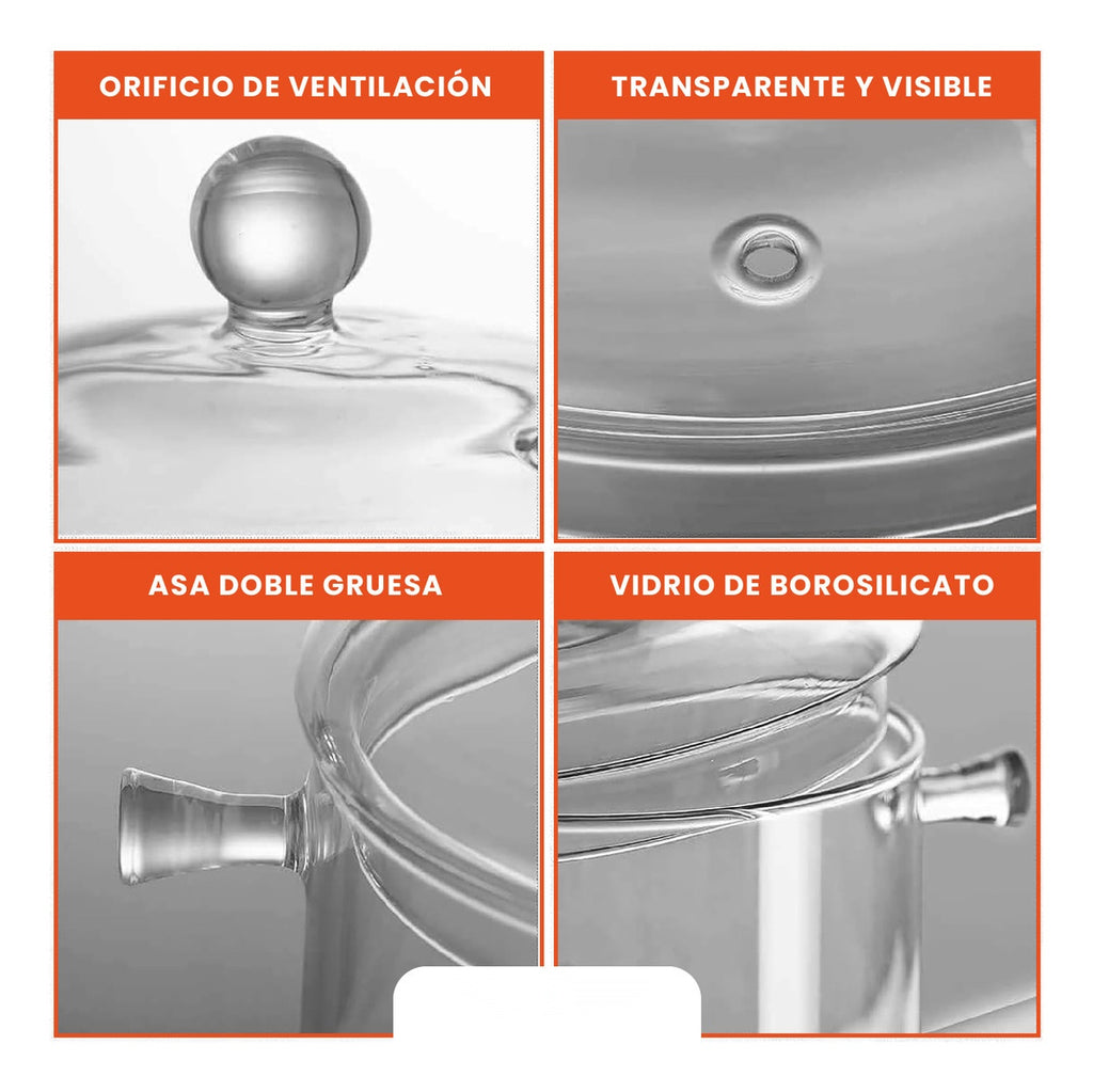Olla De Vidrio Templado 1500 Ml Transparente Para Altas Temperaturas