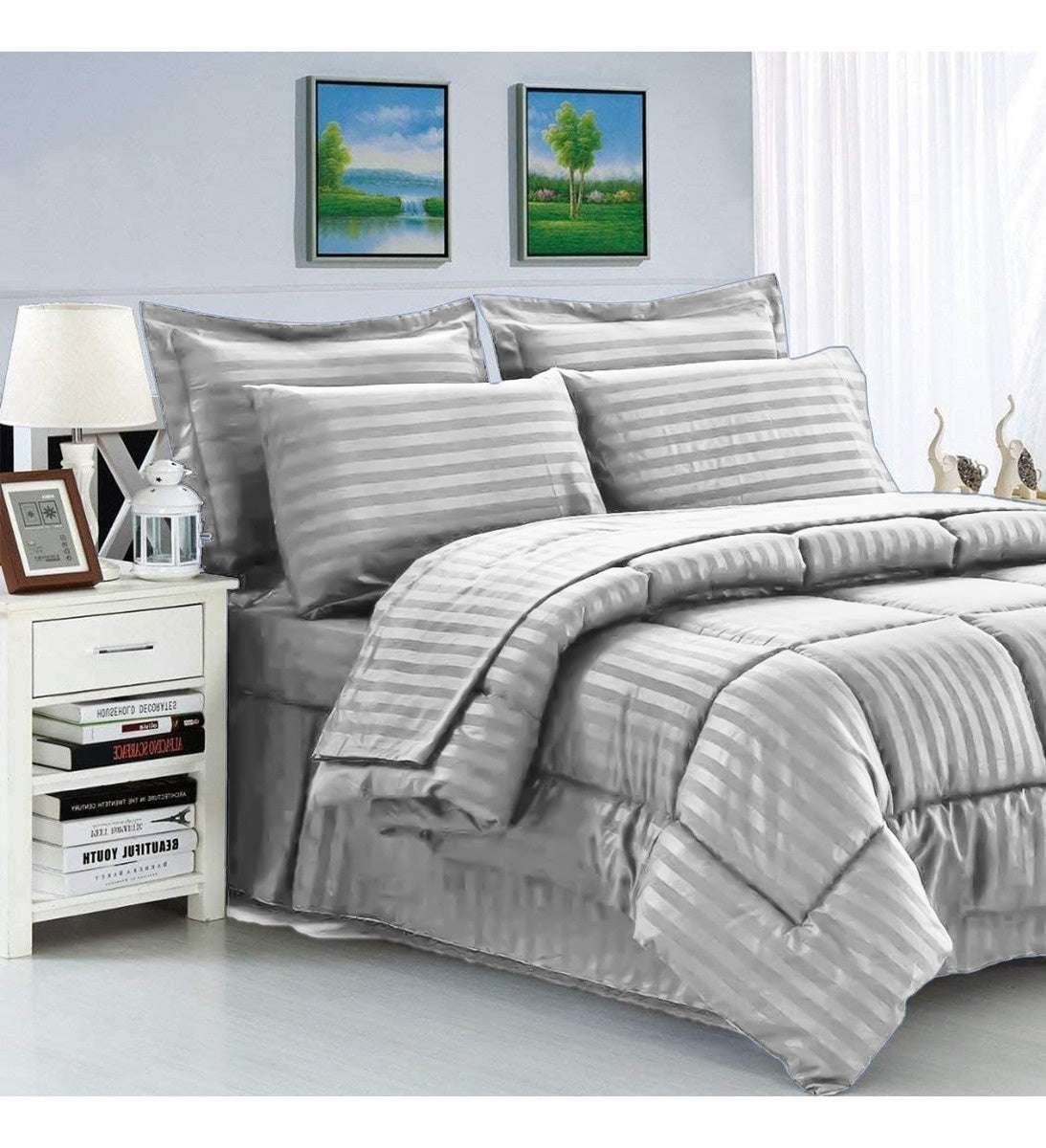 Edredon Cubrelecho Premium Cama Doble Fundas Almohadas Innovo Gris Claro