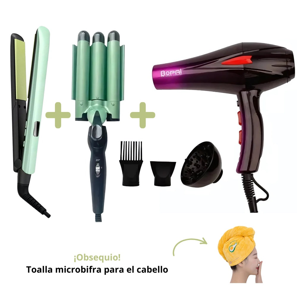 Combo Secador Bopai 4000W + Plancha Tradicional + Pinza Sirena + Obsequio Toalla