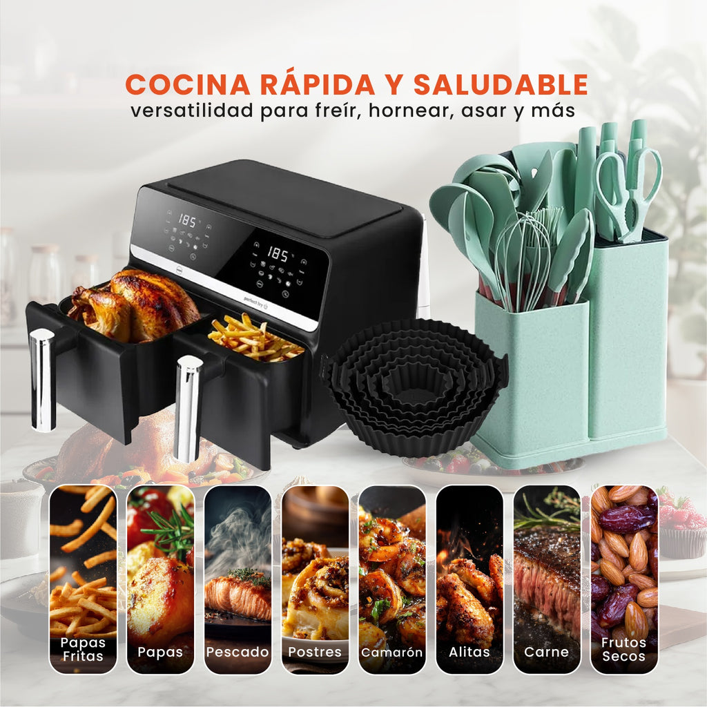 Freidora De Aire Nobelsound Air Fryer Doble Bandeja Con Accesorios Y Moldes 9 Litros