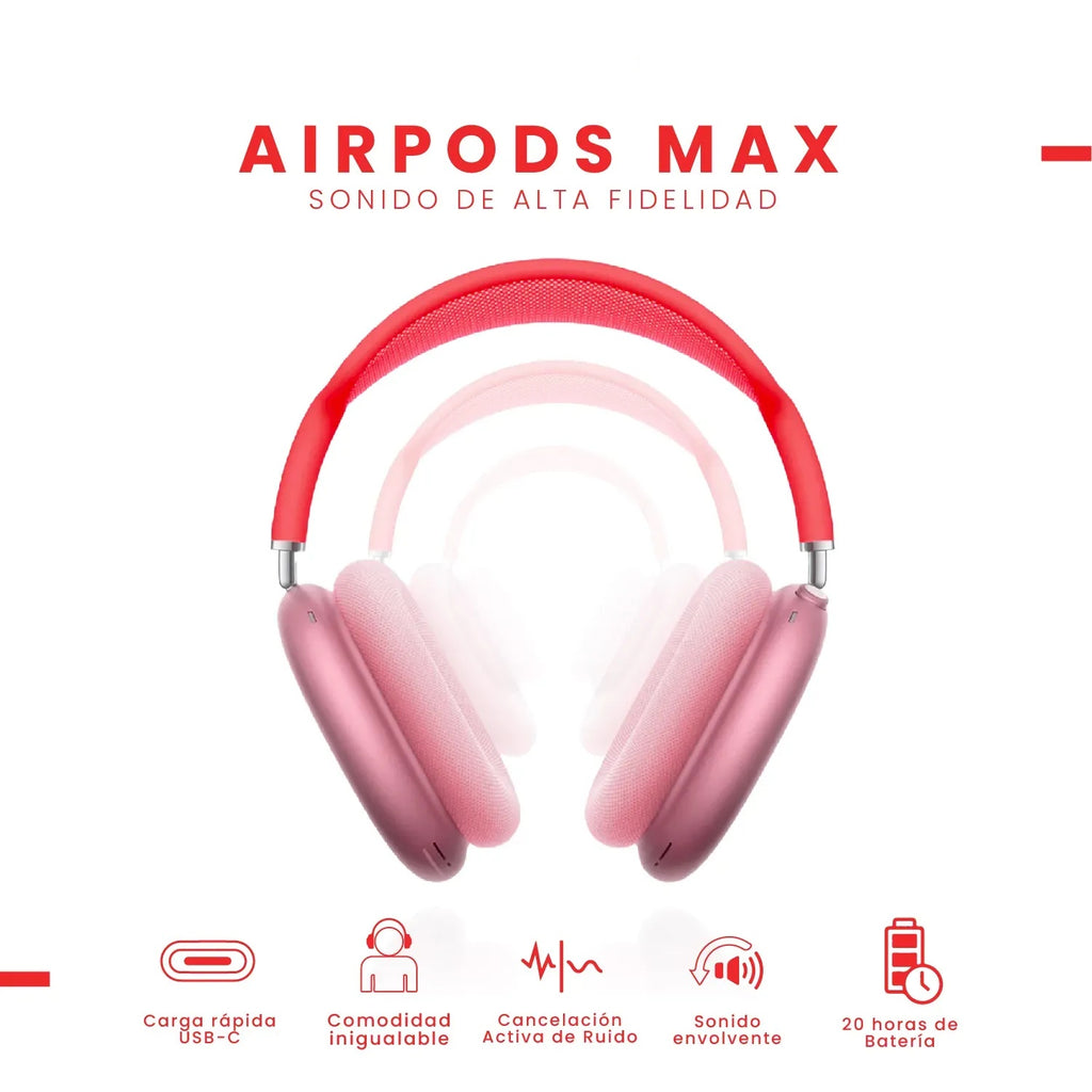 Audifonos Airpods Max 1.1 Replica Magnetica Full Sonido Bluetooth Estuche Rojo