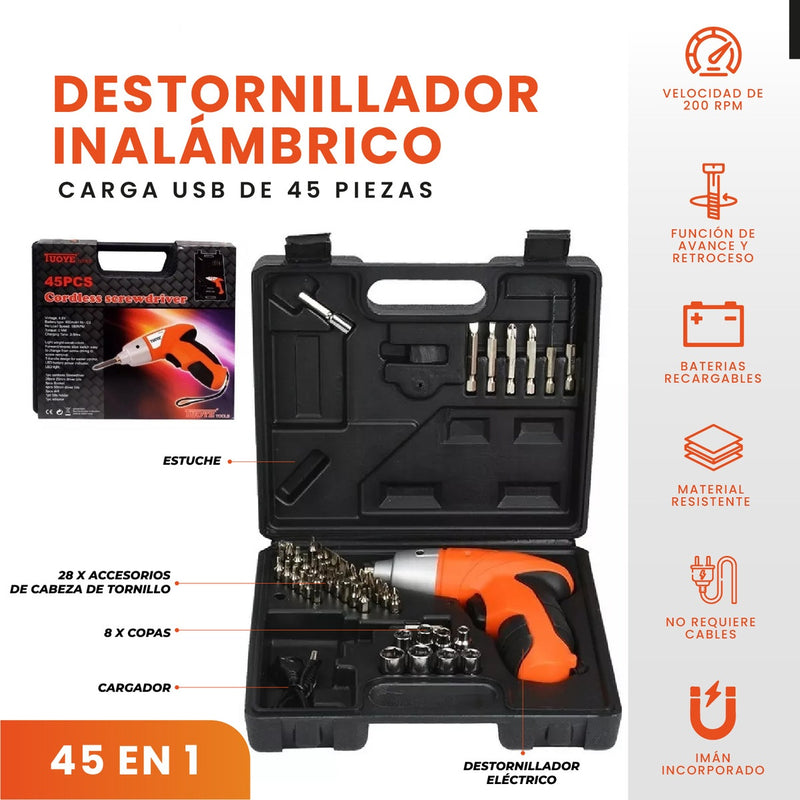 Atornillador Recargable 45 Piezas Con Estuche