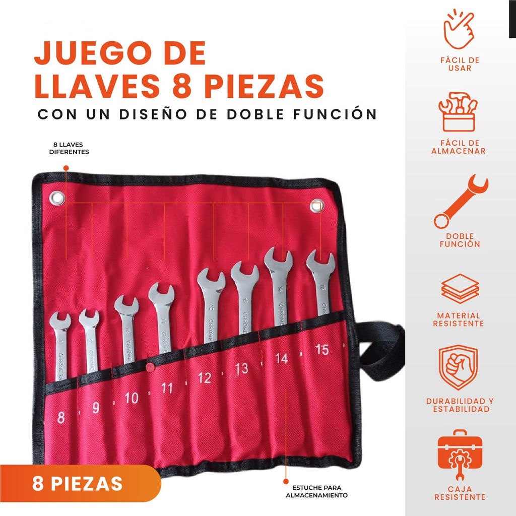 Juego Set Llaves Mixtas Chrome Vanadium 8 Piezas Rache Estuche