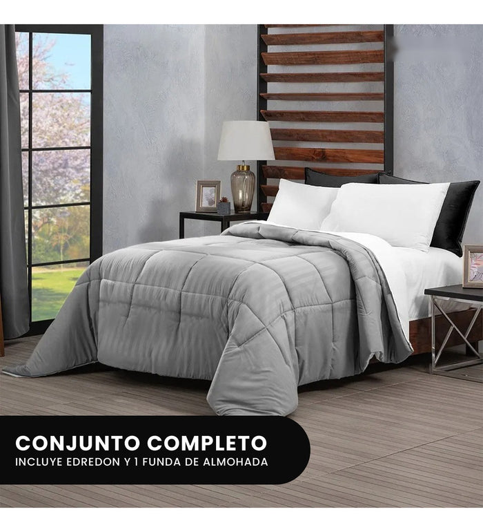 Edredon Microfibra Para Cama Sencilla 2 Fundas Tela Suave Gris Claro