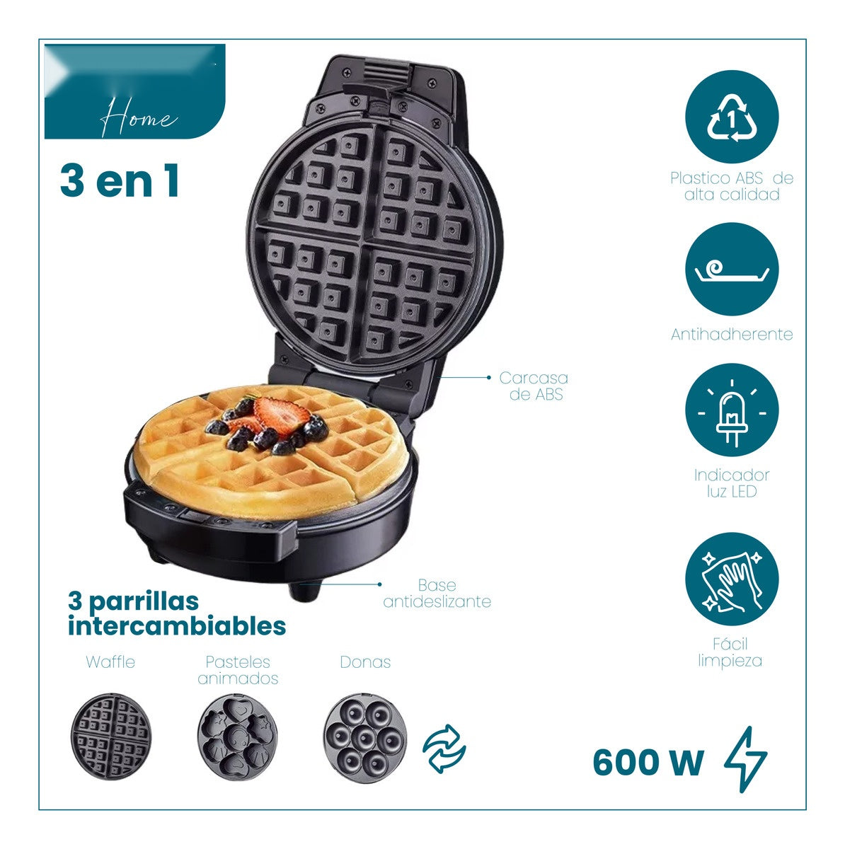 Maquina De Donas Waflera Figuras 3 En 1 Snak Maker 600W