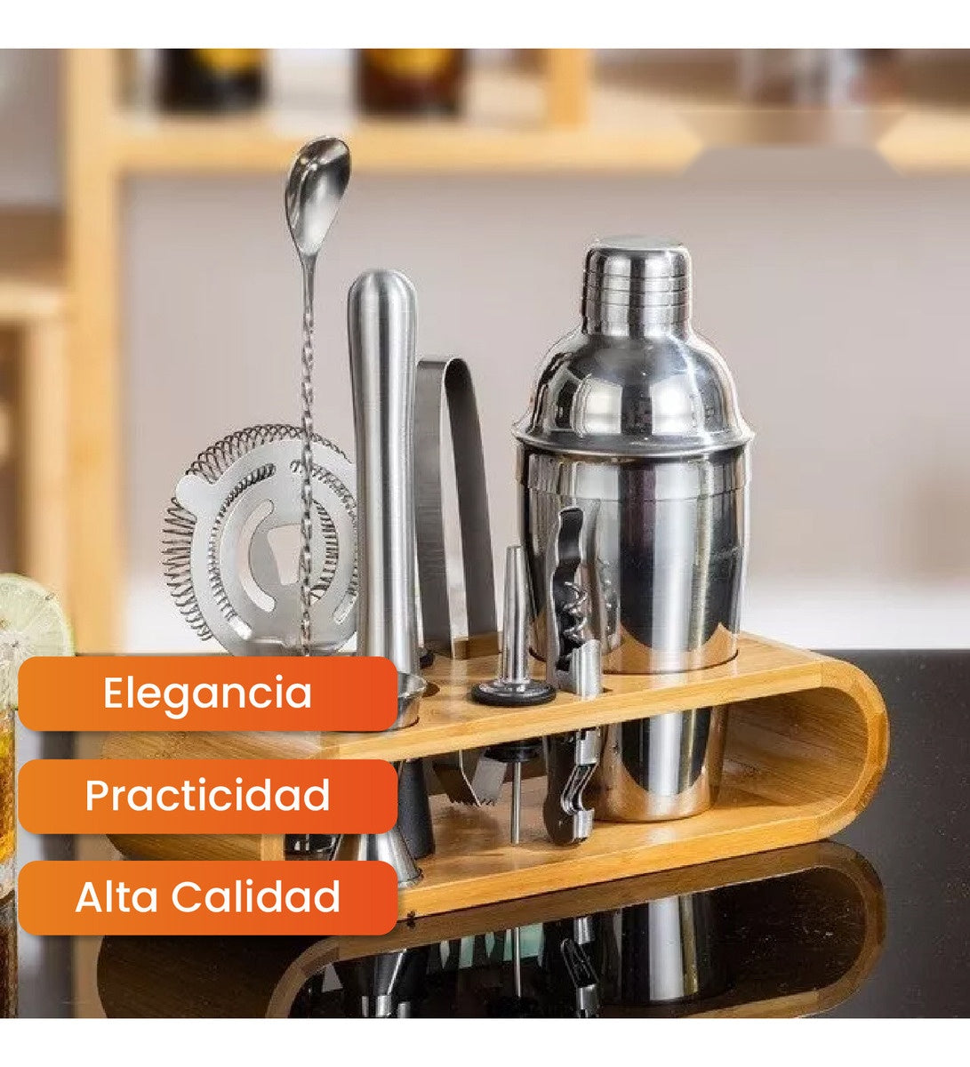 Bartender Coctelera Set Utensilios Bar Inoxidable 9 Piezas Bambu Premium Profesional