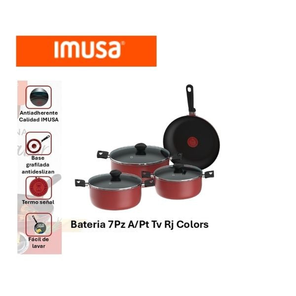 Bateria De Cocina Imusa Colors 7 Piezas Antiadherente Con Tapa Vidrio