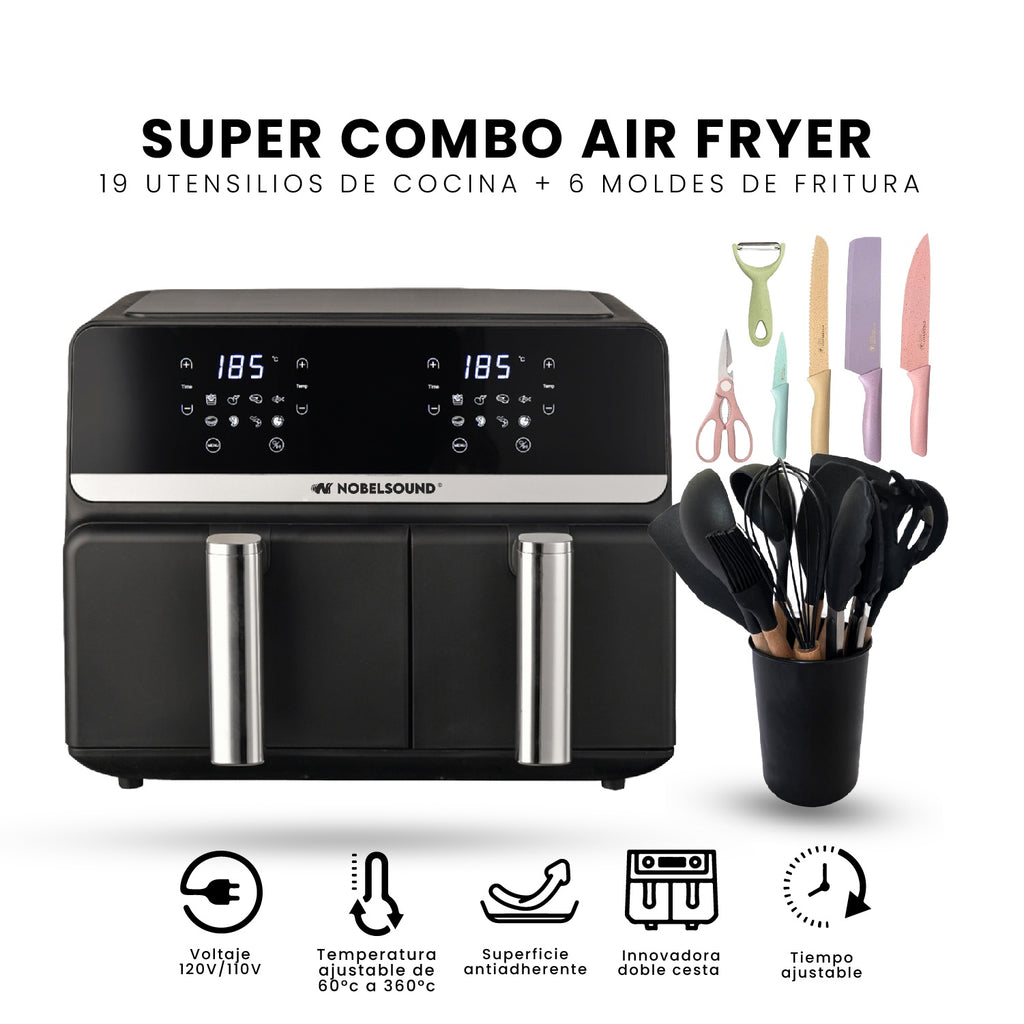 Freidora De Aire Nobelsound Air Fryer Doble Bandeja Con Utensilios Cuchillos Incluidos