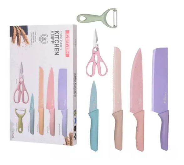 Combo Tabla Para Picar 4 En 1 + Set X6 Piezas Cuchillos Bali