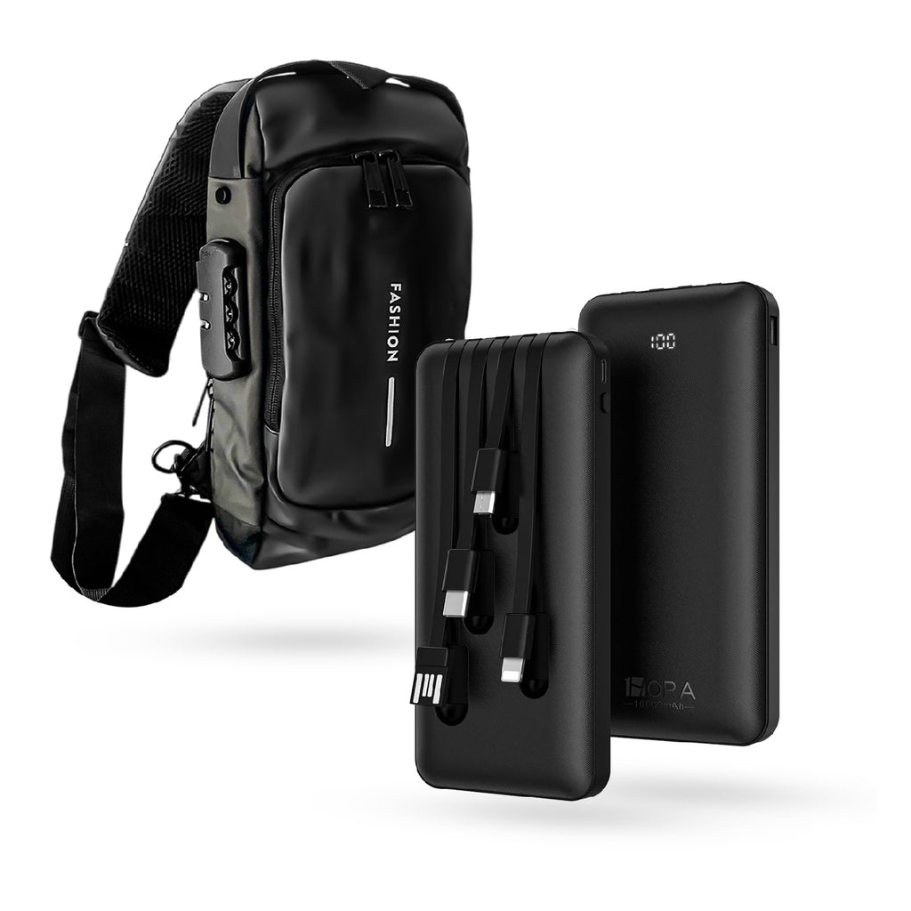 Bolso Manos Libres Antirrobo Con Clave Hombre Color Negro Con Power Bank 10.000