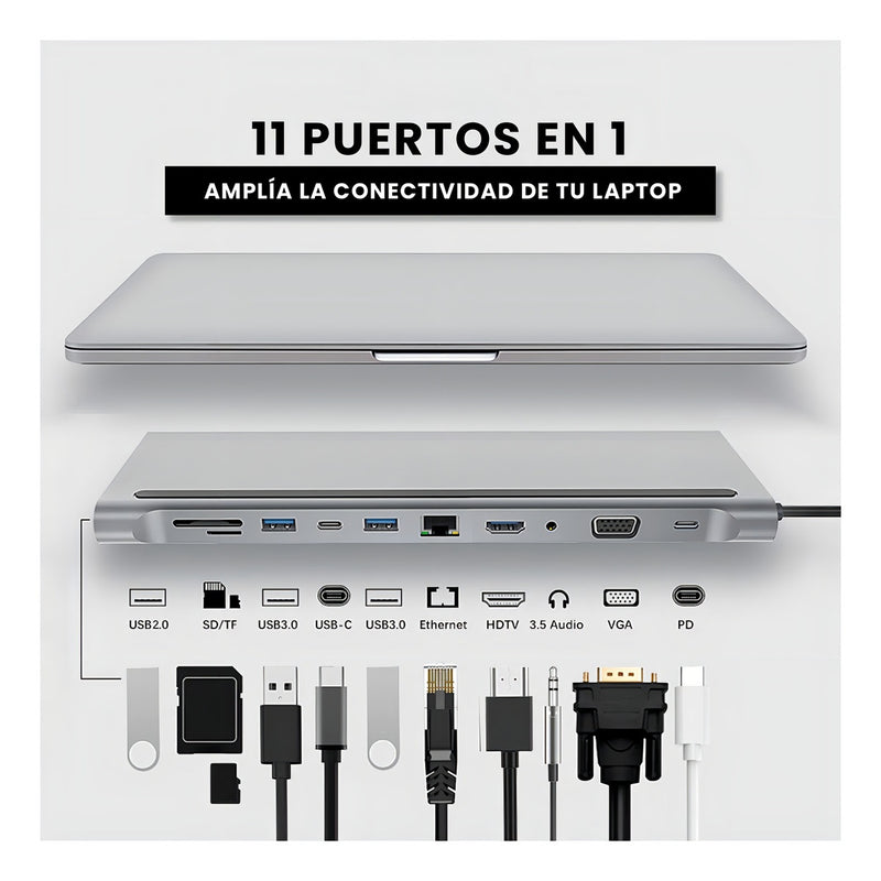 Multipuertos Hub 11 En 1 Con Soporte Plegable Para Laptop Portatil