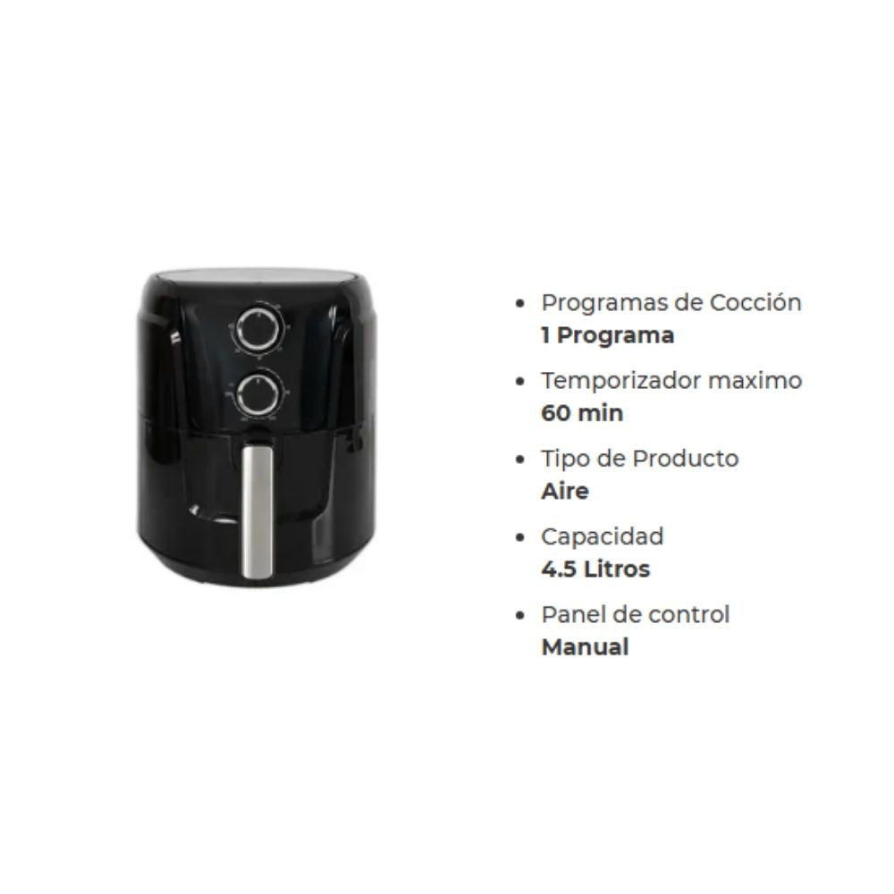 Freidora De Aire Kalley 4.5L (Airfryer) - 200Degc, Temporizador 60 Min Control Manual Antiadherente